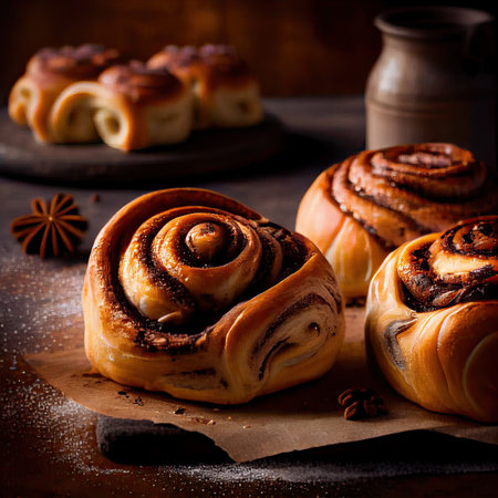 Freshly baked cinnamon buns on a wooden table. Sweet cinnamon rolls. Freshly baked homemade cinnamon rolls on a wooden table in the morning breakfast concept. Generative Aiの素材