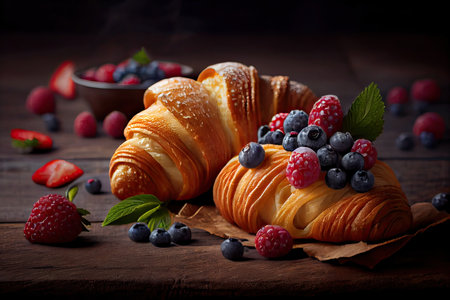 Delicious breakfast with fresh croissants and ripe berries on old wooden background, selective focus. Generative Aiの素材