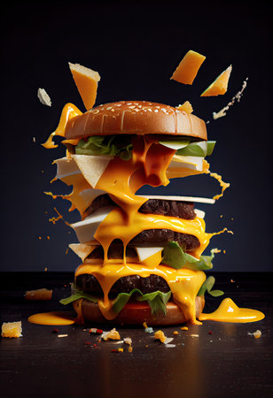 American food. Burger layers isolated. Separated burger layers. Hamburger explosion. Cheeseburger flying fillings isolated. Levitation of burger. Generative Aiの素材