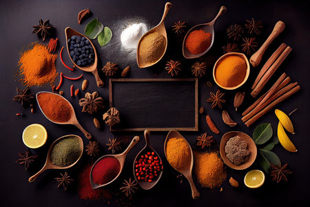 variety of spices and herbs on a background of a black table, with empty space for text or labels. Various spices for cooking on a rustic wooden with copyspace. Generative Aiの素材