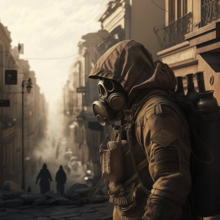 A man in a gas mask on the streets of the city.の素材