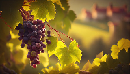 Grapes in the vineyard at sunrise, Tuscany, Italyの素材