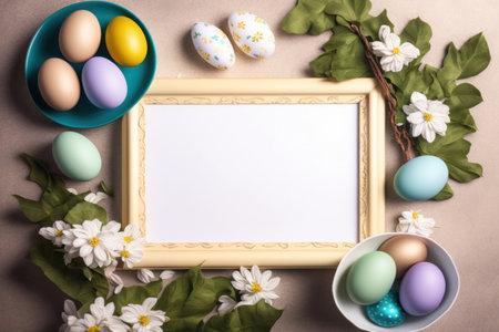 Easter background. Colorful easter eggs and frame with copy spaceの素材