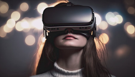 Young woman wearing virtual reality goggles. Future technology concept. 3D Renderingの素材