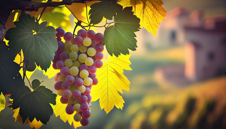 Ripe grapes in vineyard in autumn, Tuscany, Italyの素材