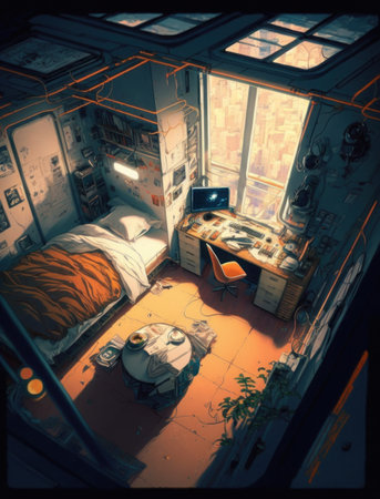 Interior of a bedroom with a bed and a table. Digital painting.の素材