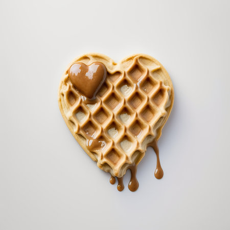 Heart shaped belgian waffles with caramel on white background, top viewの素材