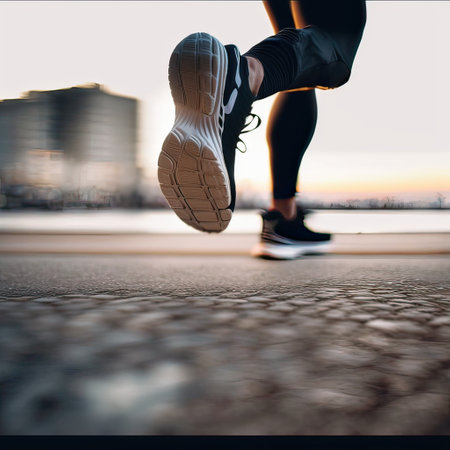Runner feet running on city street at sunrise. Sport fitness model caucasian ethnicity training outdoor.の素材