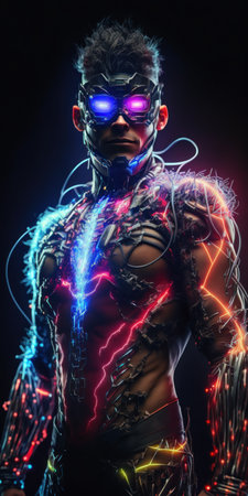 Portrait of a futuristic man with glowing neon lights on his body.の素材