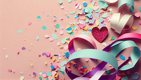 Valentine's Day background with ribbons and confetti. Vector illustration.の素材