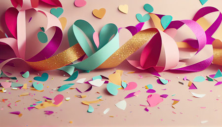 Valentine's Day background with ribbons and confetti. 3d renderingの素材