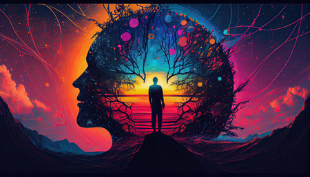 Human head silhouette in surreal surreal landscape. 3d render illustration.の素材