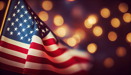American flag on bokeh background. 3d rendering toned imageの素材