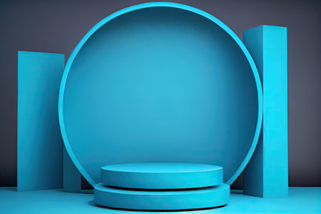 Blue round podium on blue background. 3d render, mock upの素材