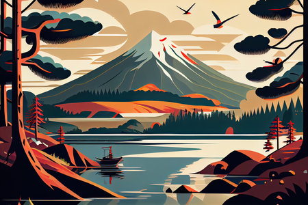 Mountains, trees and lake. Vector illustration in retro style.の素材