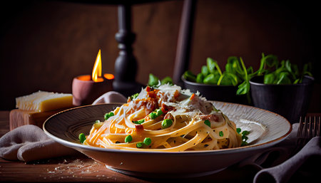 Spaghetti carbonara with chicken, green peas and parmesanの素材