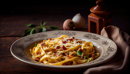 Pasta with bacon and cheese on a wooden background. Selective focus.の素材