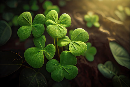 Green clover leaves on dark background. Happy St. Patrick's Day concept.の素材