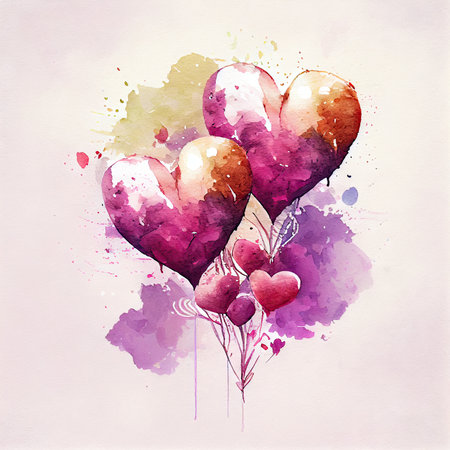 Watercolor illustration of heart-shaped balloons on watercolor background.の素材