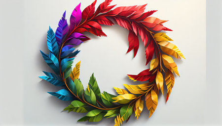 Colorful feathers wreath on white background. 3D illustration.の素材