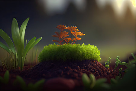 3d render of a small plant growing in the soil with mossの素材