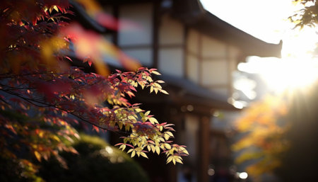 Autumn leaves of japanese maple tree and Japanese house.の素材