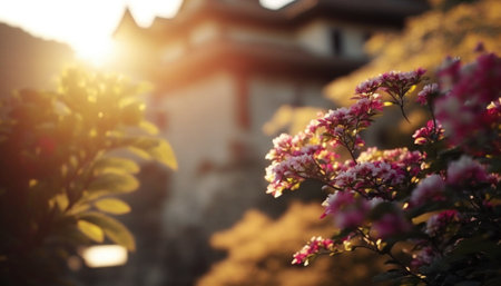Japanese garden with blooming flowers in the sunlight. Selective focus.の素材