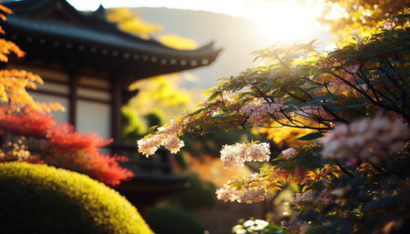 Japanese garden with blooming tree in autumn. Shallow depth of fieldの素材