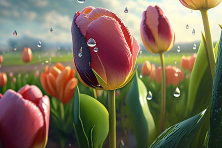 Tulip flowers with water drops in the field. Nature backgroundの素材