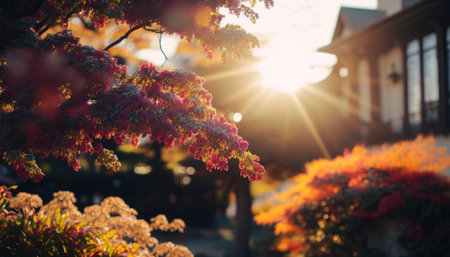 Bougainvillea tree and sun flare in the garden.の素材