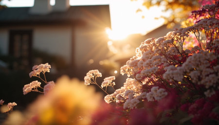 Beautiful colorful flowers in the garden at sunset. Selective focus.の素材