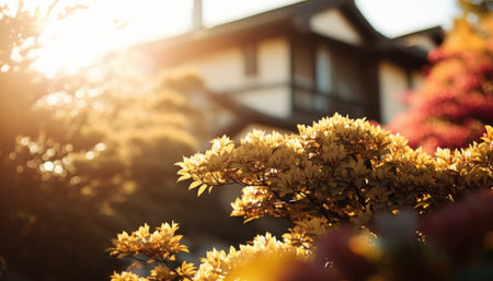 Autumn Japanese garden with yellow flowers and house in the background.の素材