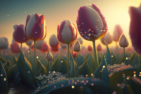 Beautiful tulips blooming in the garden at sunset. 3d renderの素材