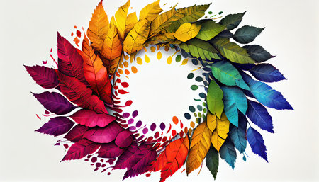 Colorful autumn leaves on a white background with space for text.の素材