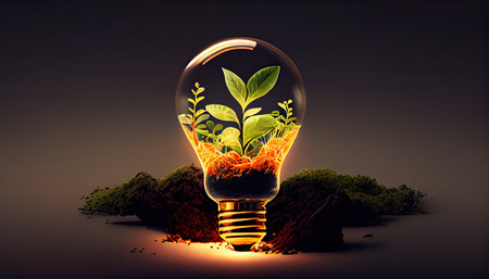 Energy saving lightbulb with green plants growing inside. 3D renderingの素材
