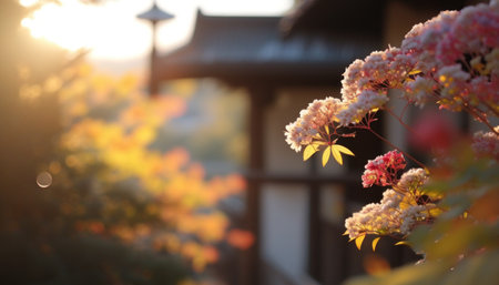 Japanese garden in the morning with sunlight and bokeh effect.の素材
