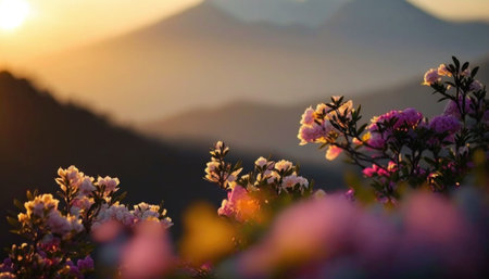 Rhododendron flowers in the mountains at sunset. Beautiful natural background.の素材