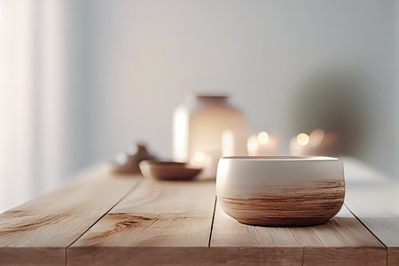 Wooden table with burning candles in modern bathroom interior, closeupの素材