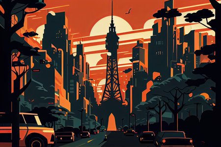 Vector illustration of a city street at sunset with the Eiffel towerの素材