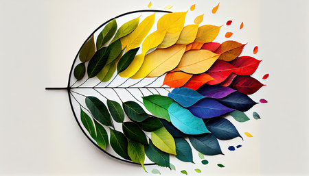 Colorful autumn leaves on the background of a white wall with a targetの素材