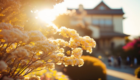 Beautiful blooming tree in the garden with sunlight at sunset.の素材
