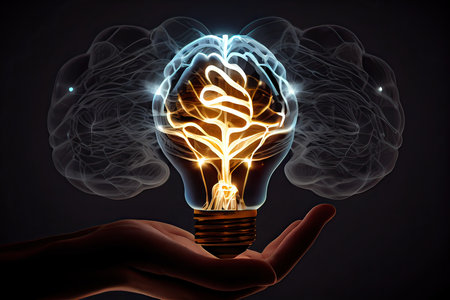 Close up of human hand holding lightbulb with glowing brain on dark backgroundの素材