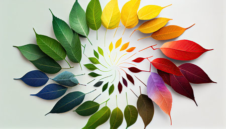 Multicolor leaves on white background. Conceptual image of autumn.の素材