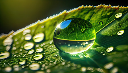 Water drops on a green leaf. Water drops on a green leaf.の素材