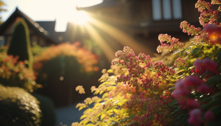 Beautiful garden in japanese style at sunset. Soft focus.の素材