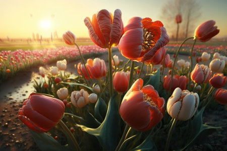 Tulips in the field at sunset. Beautiful spring landscape.の素材