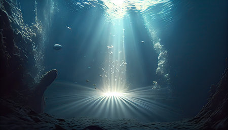 Underwater scene with sunbeams and deep blue sea. 3d renderingの素材