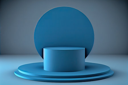 Blue round podium in the blue room, 3d render, abstract backgroundの素材