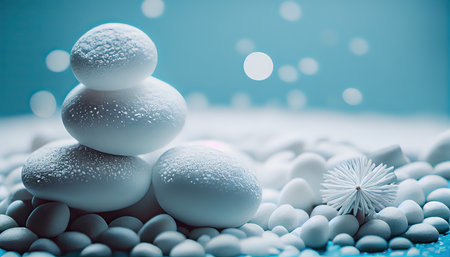 Spa still life with stones and snowflakes on blue backgroundの素材