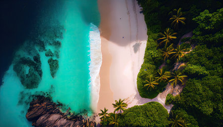 Aerial view of beautiful beach with white sand, turquoise water and coconut palm tree on paradise islandの素材